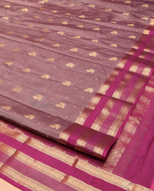 Brown Vasundhara Lite Silk Mix Saree, Enthralled with Mayil Buttas on Its Body, Complemented by a Contrast Border of Muthu, Neli, and Mayil Designs, Grand Pallu, and Paired with a Contrast Blouse