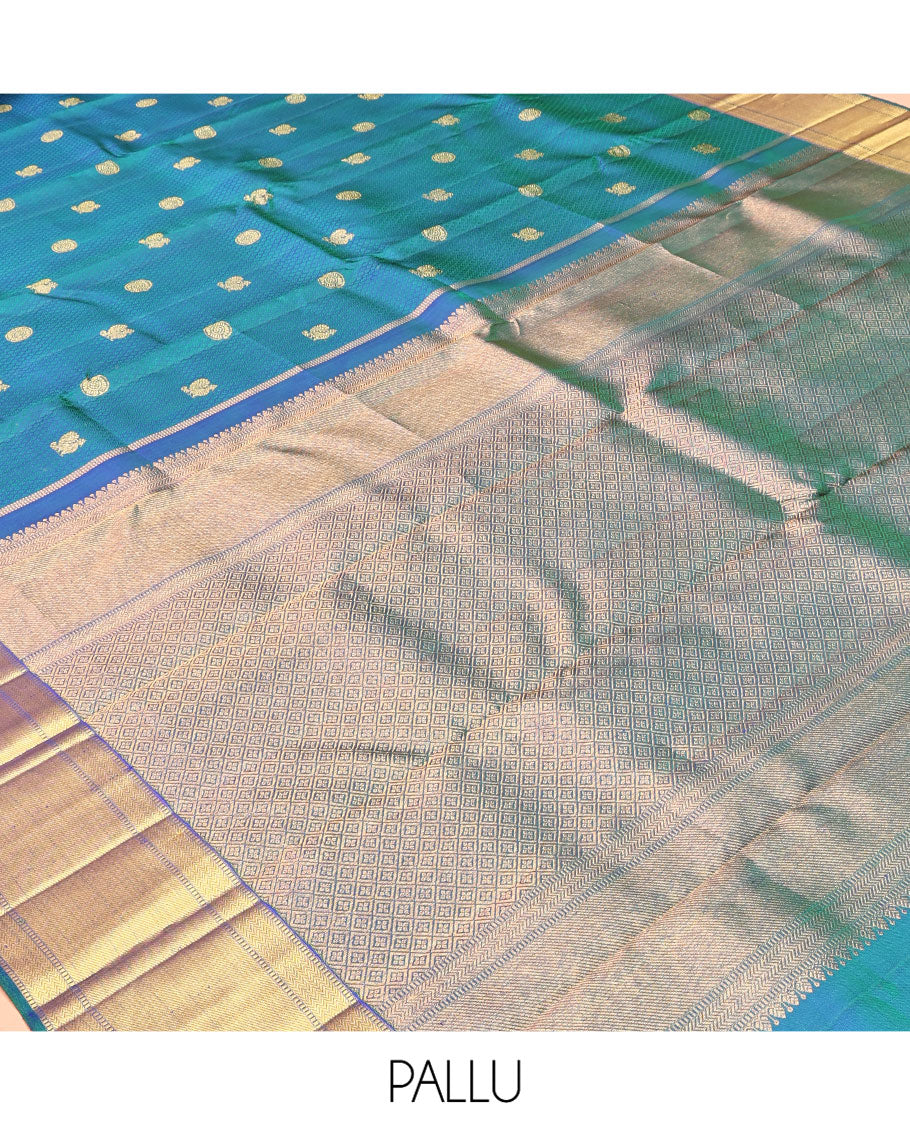 Blue Embossed-Mayil Chakram Buttas Kanchipuram Silk Saree, a Zari Border, Grand Pallu, Matching Blouse