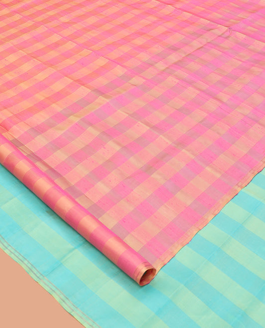 Borderless Pink Mayuri Soft Silk Saree, Adorned with Checked Designs on Its Body, Complemented by a Contrast Striped Pallu, and Paired with a Contrast Blouse