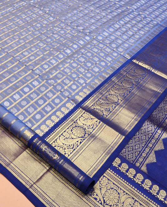 Blue Peacock Chakra Buttas-Checked Venkatagiri Silk Saree, a Contrast Traditional Border, Contrast Blouse