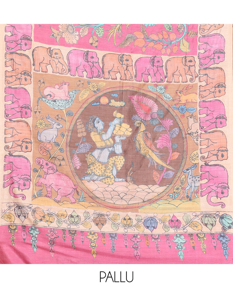 Pink Fancy Tussar Saree Features Kalamkari Floral and Animal Print, Contrast Elephant Border, Kalamkari Pallu, and a Contrast Blouse