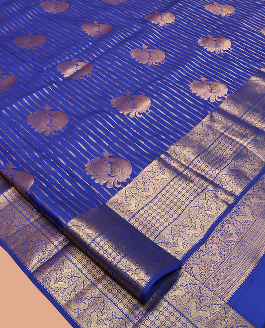 Blue Vasundhara Lite-Silk Mix Saree Featuring Zari Buttas and Stripes, Highlighted by Zari Border of Kamalam and Kili Designs, Butta-Enclosed Checked Pallu, and a Matching Blouse
