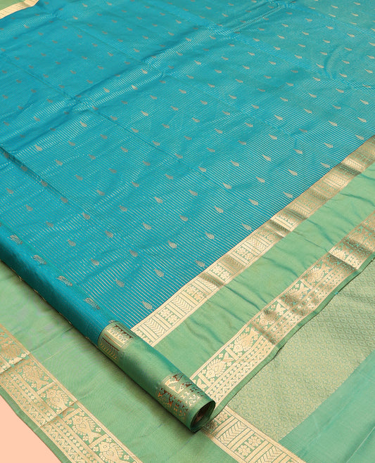 Blue Vasundhara Lite Silk Mix Saree, Graced with Zari Stripes and Buttas, a Contrast Rettai Pettu Border of Meen and Neli Designs, Grand Pallu, and a Contrast Blouse