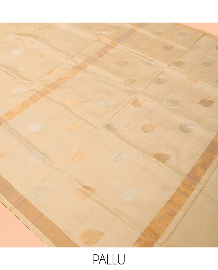 Yellow Uppada Silk Saree, Adorned with Leaf Zari Buttas, a Bavanji Border, Leaf Woven Pallu, and a Matching Blouse