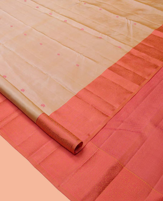 Sandal Kanchipuram Silk Saree, Styled with Mayil-Chakram Buttas, Complemented by a Contrast Traditional Thread Woven Border, Jaal Pallu, and a Contrast Blouse
