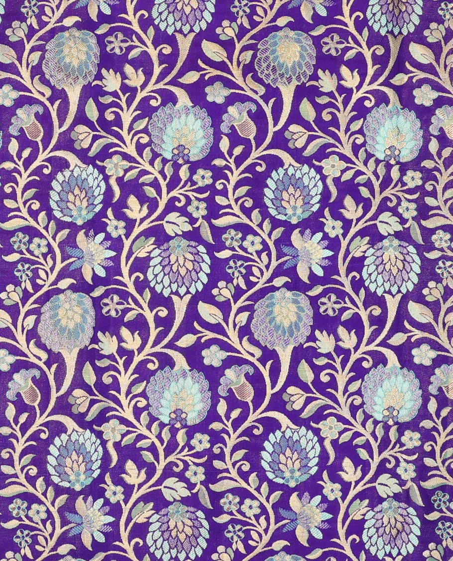 Violet floral jacquard silk half saree with contrast border of thilakam mokku, kodi visiry, banaras design, zari design blouse & floral design dhavani