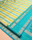 Multi-Color  Striped Pochampally Ikat Silk Saree, Complemented by a Contrast Temple Traditional Border, Ikat-Style Woven Pallu, and Contrast Blouse