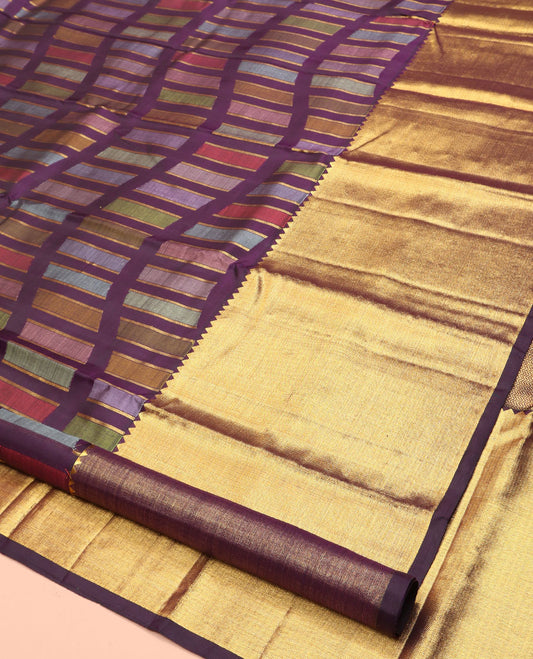 Purple Kanchipuram Designer Silk Saree, Adorned with Kaleidoscope-colored Meenakari-style Blocks On Its Body, Highlighted by Gleaming Thick Zari Temple Border, Scintillating Zari Decked Up Pallu and Paired with a Matching Blouse