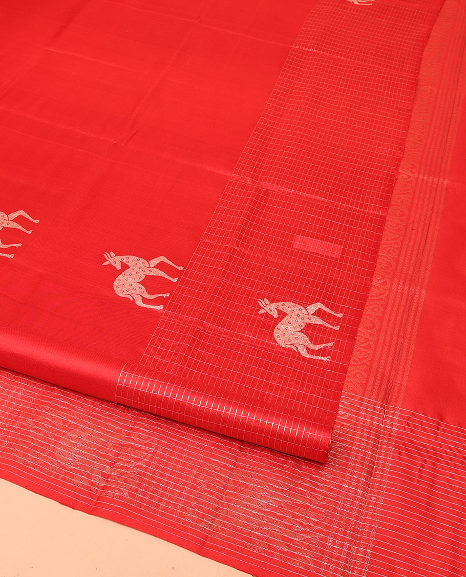 Red Mayuri Soft Silk Saree, Spotlighted with Maan Buttas All Over Its Body, Sparkling Zari Border of Checks and Maan Buttas, Sparsely Woven Pallu, and Paired with a Matching Blouse