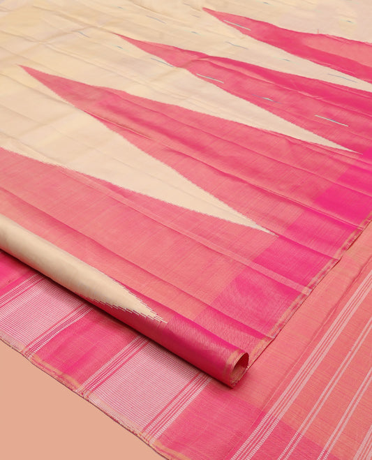 Sandal Kanchipuram Designer Silk Saree, Sparsely Threaded with Buttas, Complemented by a Contrast Temple Border, Striped Pallu, and Contrast Blouse