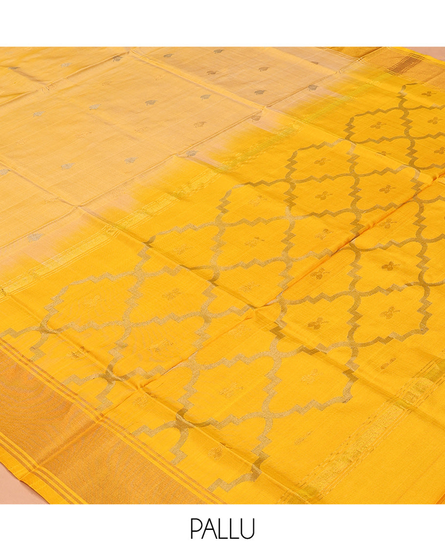 Yellow Uppada Silk Saree, Subtly Sparkled with Buttas, a Contrast Zari Border, Pallu of Mughal-Style Jaal Designs, and a Contrast Blouse