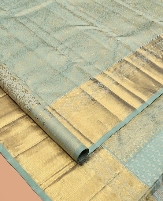 Blue Kanchipuram Wedding Silk Saree, Delicately Woven with Jacquard Design, Zari Border of Thilakam, Kathir, Kuyil Kann, Yaali, and Mayil Designs, Jaal Pallu, and a Matching Blouse