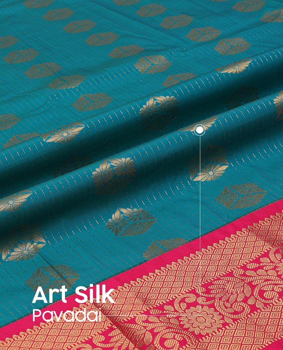Blue Art Silk Pavadai Material Set, Beautified with Zari Stripes and Zari Buttas Skirt, Complemented by a Contrast Floral-Jaal Patterned Zari Border, and Paired with a Contrast Blouse