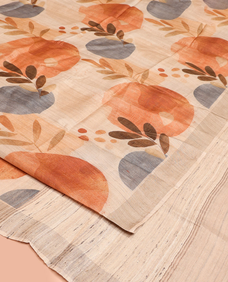 Sandal Tussar Silk Saree, Beautified with Tropical Floral Print on Its Body, a Subtle Border, Heathered Pallu, and Paired with a Matching Blouse