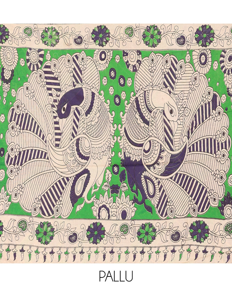 Blue-Green Machine-Printed Kalamkari Cotton Saree Features Butta Enclosed Jaal, Floral Printed Border, Pallu of Peacocks, and a Contrast Blouse