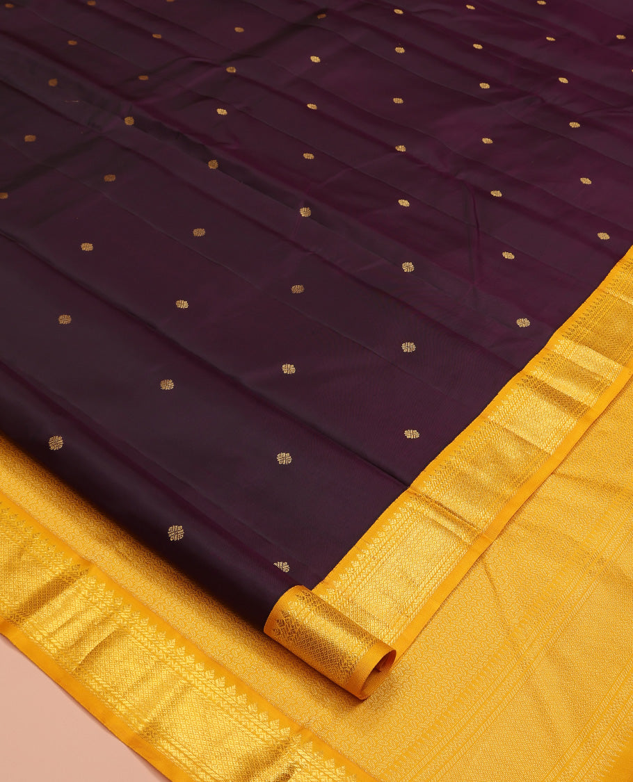Purple Vasundhara Silk Saree, Elevated with Zari Buttas All Over Its Body, Complemented by Contrast Border of Banaras, Neli, and Mayil Kann Designs, Grand Pallu and Paired with a Contrast Blouse