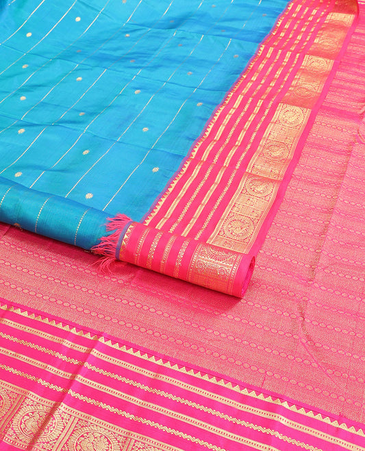 Blue striped, floral design kancheepuram silk saree with contrast border of rekku, muthu, mayil design & zari design pallu
