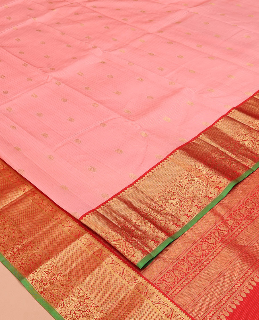 Pink Vasundhara Silk Saree, Decked Up with Zari Buttas and Stripes All Over Its Body, Complemented by a Contrast Border of Rekku, Kodi Visiry, Jaal, and Mayil Designs, Grand Jaal Pallu, and Paired with a Contrast Blouse