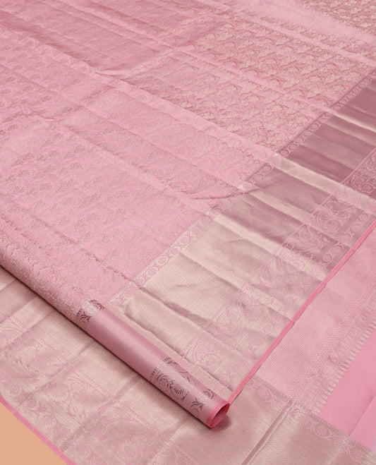 Pink Jacquard Kanchipuram Wedding Silk Saree, Highlighted by a Zari Border of Kodi Visiry Designs, Grand Jaal Pallu, and Matching Blouse