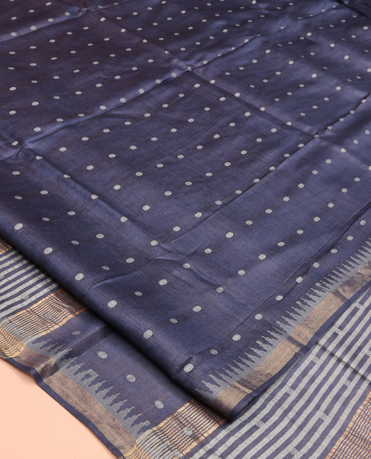 Grey Tussar Saree, Adorned with Rudraksha Motifs, a Subtle Temple Zari Border, Pallu of Stripes and Buttas, and a Matching Blouse