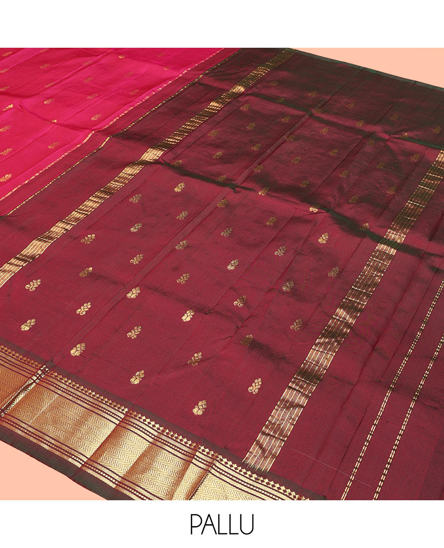 Pink Kanchipuram Silk Saree, Embellished with Zari Buttas, Contrast Border of Paneer Sombu, Banaras, Muthu, and Vanki, Zari Design Pallu, and No Blouse