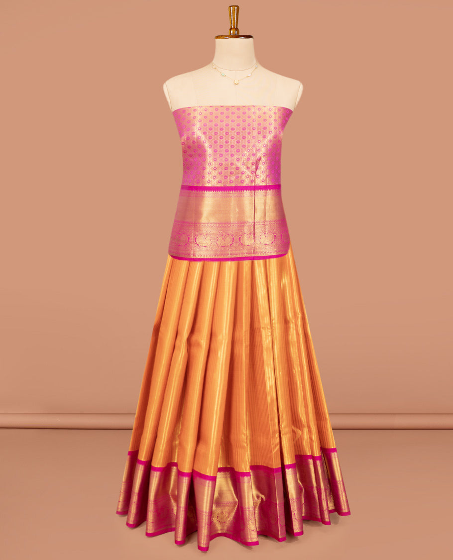 Orange Pure Silk Half-Saree, Steeped in Richness of Zari Stripes on Its Skirt, Complemented by a Contrast Border of Rekku, Muthu, Kathir, Diamond, and Mayil Designs, Comes with a Contrast Jacquard Blouse and a Dhavani of Intricate Designs
