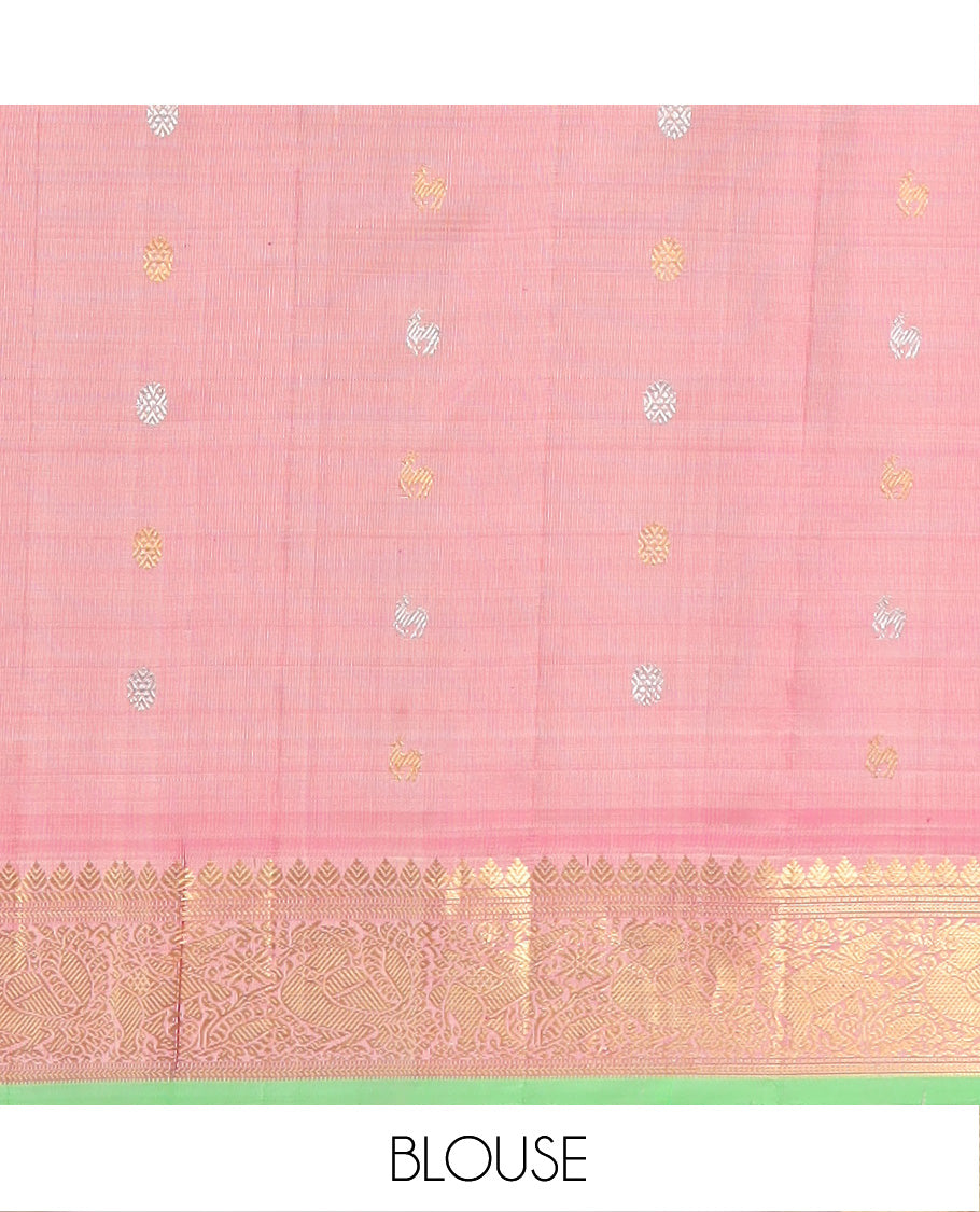 Grey Gadwal Saree Decorated with Buttas and Checks, a Contrasting Border Woven with Traditional Zari Designs, the Pallu Is Complemented by Jaal Design, and a Contrast Blouse