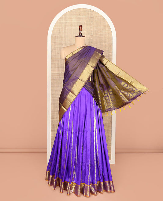 Blue Pure Silk Half-Saree, Decorated with Zari Designs on Its Body, Complemented by a Contrast Floral Design Border, Complemented by a Contrast Blouse, and Paired with a Contrast Dhavani of Annam Chakram Designs