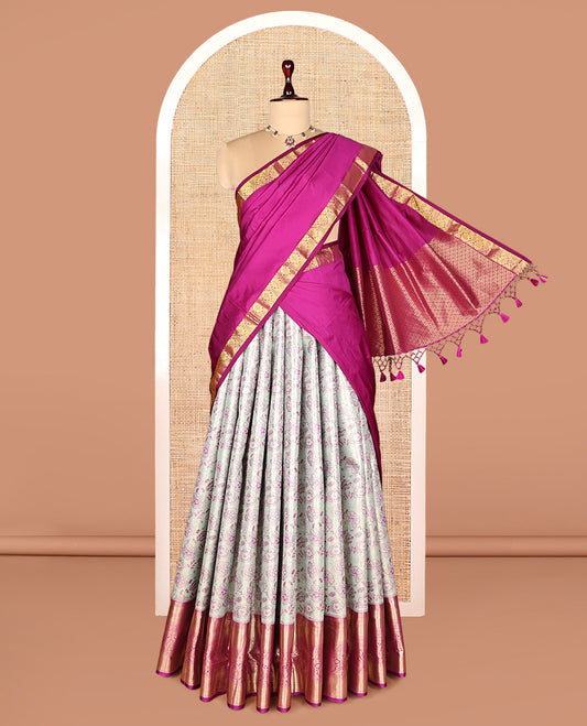 Grey Art Silk Half-Saree, Embellished with Jacquard Design, Contrast Traditional Zari Border, Paired with a Contrast Jacquard Blouse, and an Intricate Dhavani