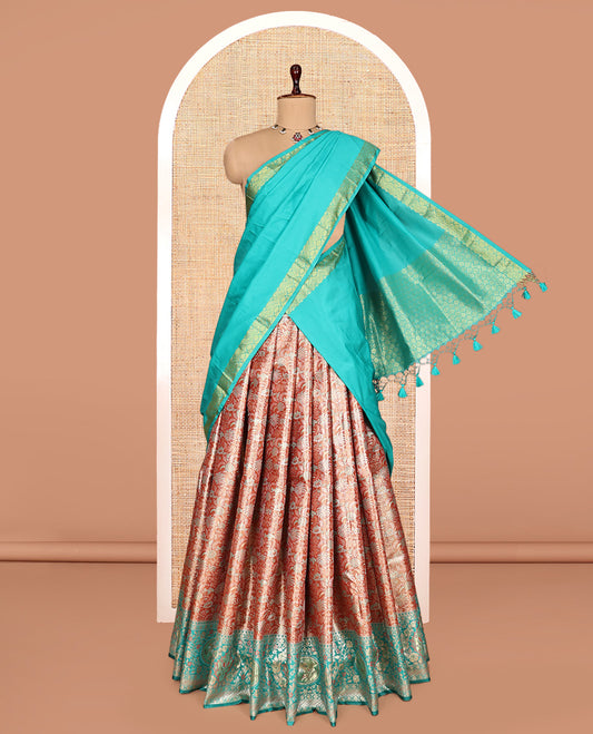 Orange Art Silk Half-Saree, Richly Detailed with Jacquard Design, Contrast Intricate Motif Border, Paired with a Contrast Jacquard Blouse, and an Intricate Dhavani