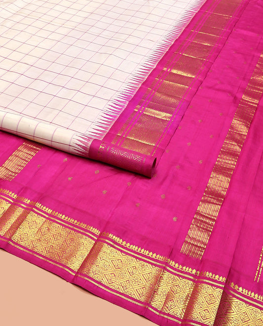 White Checked Kanchipuram Silk Saree, Complemented by a One-Sided Contrast Border Featuring Thazampoo Rekku, Thilakam Mokku, Banaras, and Jaal Designs, Pallu Steeped with Zari Designs, and Comes Without Blouse