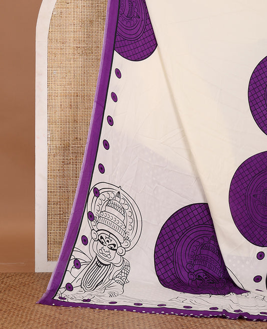 Cream printed semi-modal silk saree,  contrast violet border of kathakali motif enclosed semi-circle, kathakali printed pallu & printed blouse