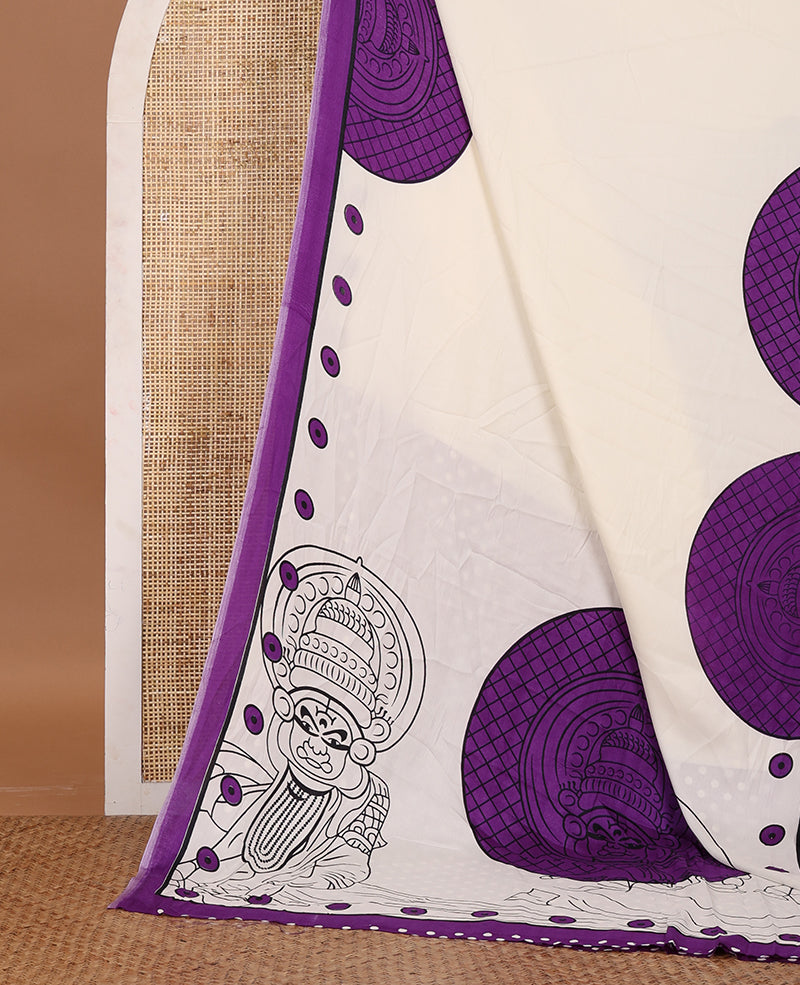 Cream printed semi-modal silk saree,  contrast violet border of kathakali motif enclosed semi-circle, kathakali printed pallu & printed blouse