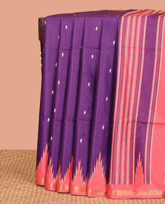 Purple Kathan Silk Saree Adorned with Buttas, Contrast Temple Border, Temple pallu, and Striped Blouse