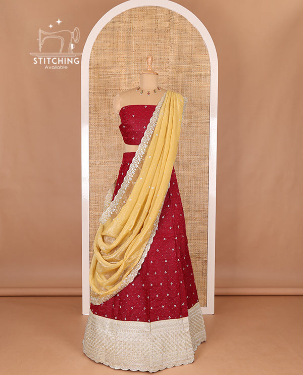 Red half-saree, floral motifs embroidered semi raw silk top, matching embroidered blouse, and contrast scallop embroidered georgette dhavani