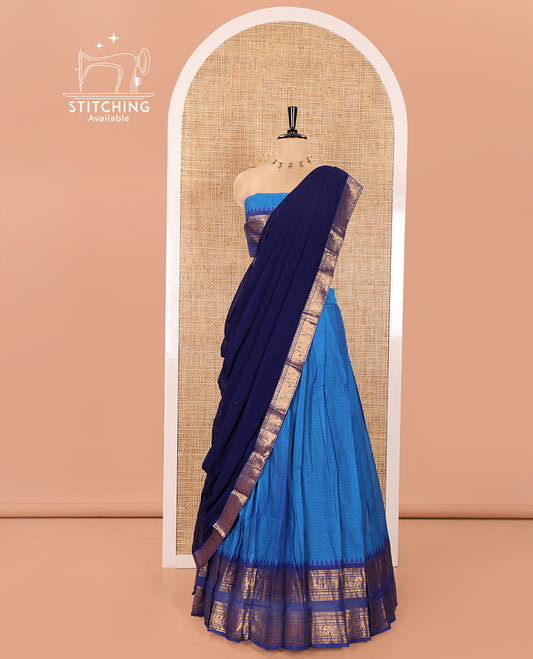 Blue and Dark Blue Chettinad Cotton Half-Saree Featuring Plain Skirt, Complemented by Contrast Rettai Pettu Traditional Border of Peacock and Elephant Designs, Paired with a Matching Blouse, and a Satin Georgette Zari Bordered Dhavani