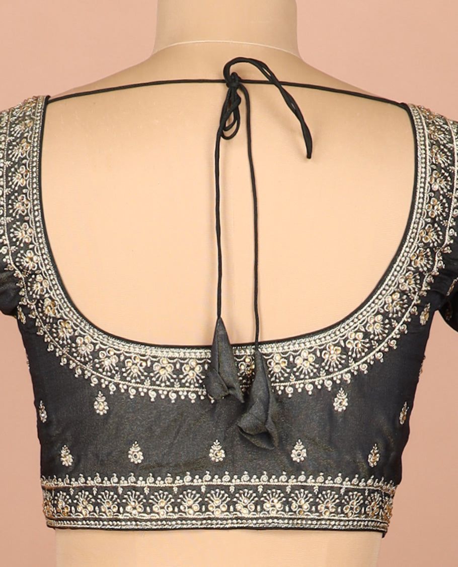 Graphite grey thread embroidered front-and-back round elbow-sleeve readymade blouse