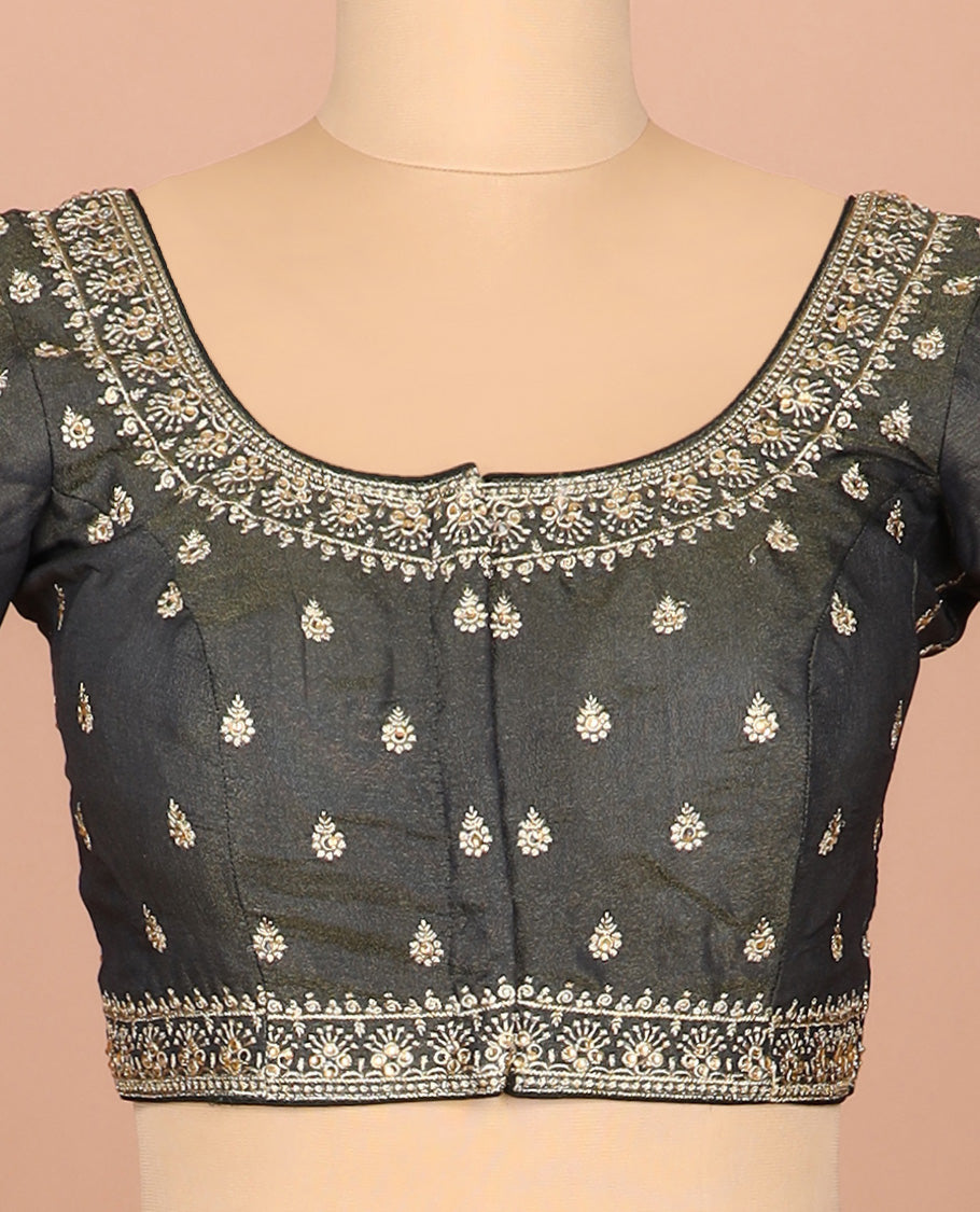 Graphite grey thread embroidered front-and-back round elbow-sleeve readymade blouse