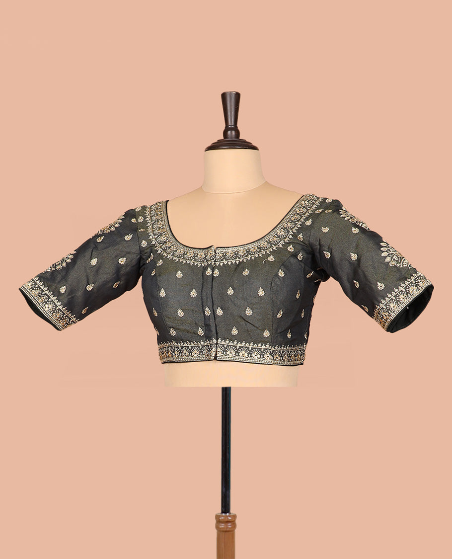 Graphite grey thread embroidered front-and-back round elbow-sleeve readymade blouse