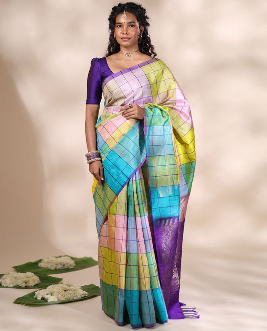 Borderless multi-color checked mayuri soft silk saree with argyle design pallu