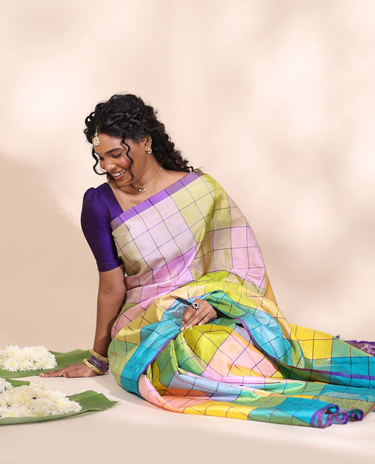 Borderless multi-color checked mayuri soft silk saree with argyle design pallu