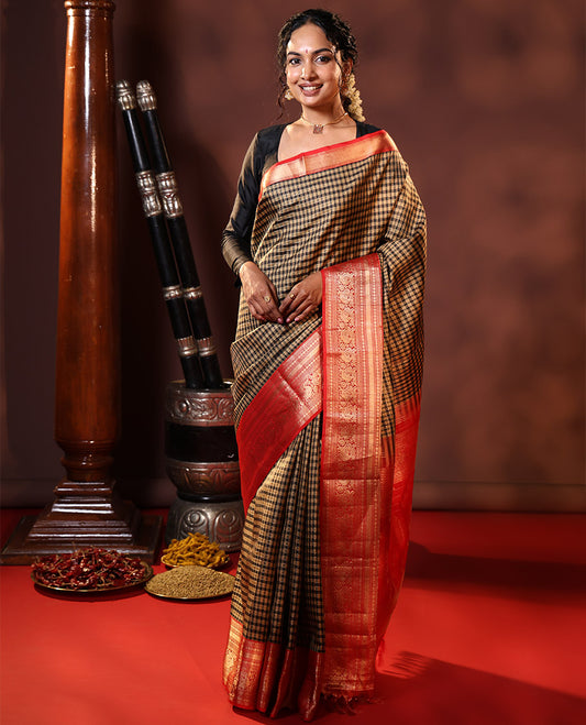 Black Vasundhara Silk Saree Embellished with Checks All Over Its Body, Complemented by Contrast Border of Rekku, Neli, Rudraksham, Kathir, and Mayil Designs, a Grand Pallu of Intricate Designs, and Paired with a Contrast Blouse
