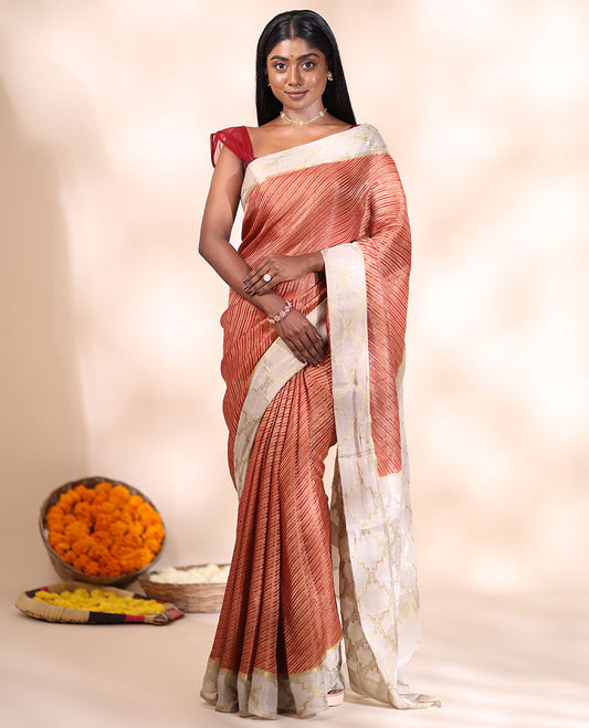 Red striped mysore silk saree with contrast zari design border & floral jaal pallu