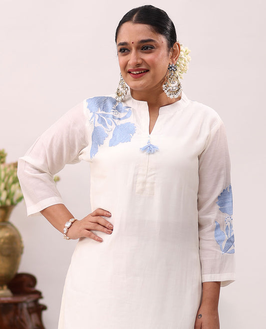 White readymade kurti set, floral embroidered Chinese collared 3/4th sleeve cotton top
