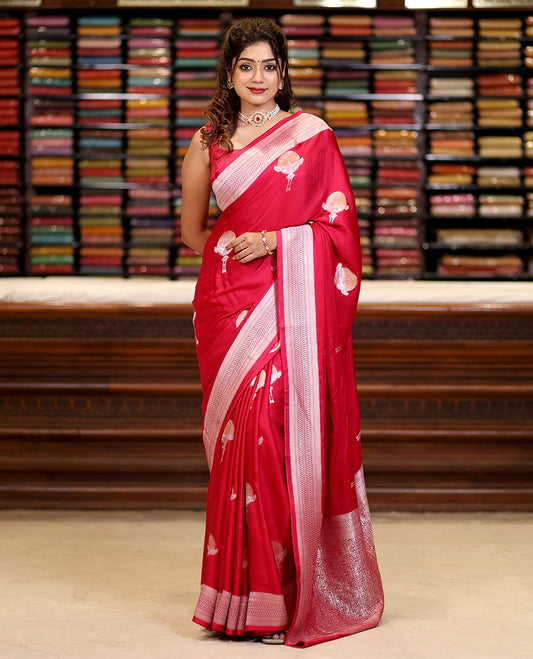 Rani pink polka dot, phenix bird design mushru silk saree with zari border & rich pallu along with plain blouse
