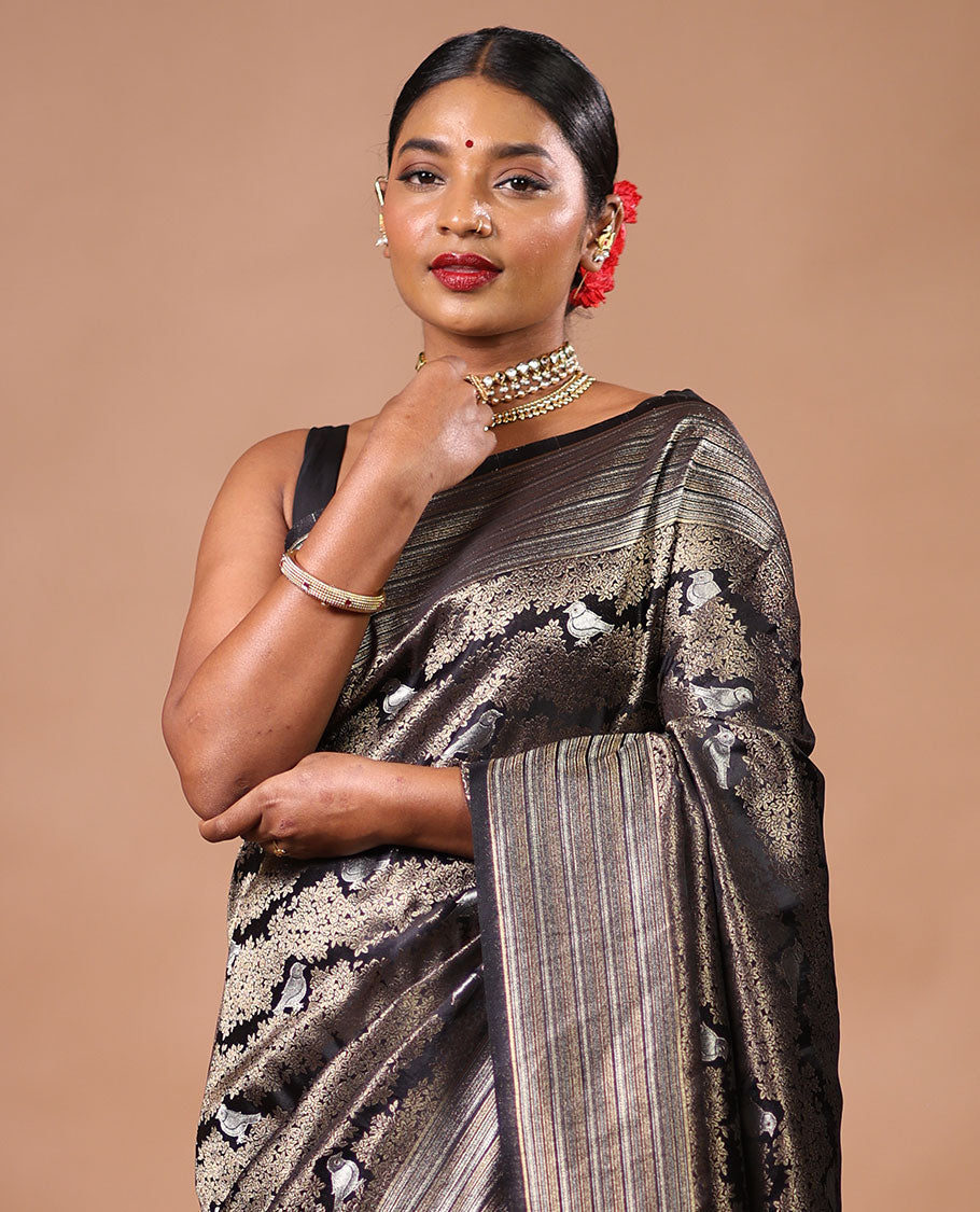 Black floral design softy saree with self intricate zari design border & argyle design pallu