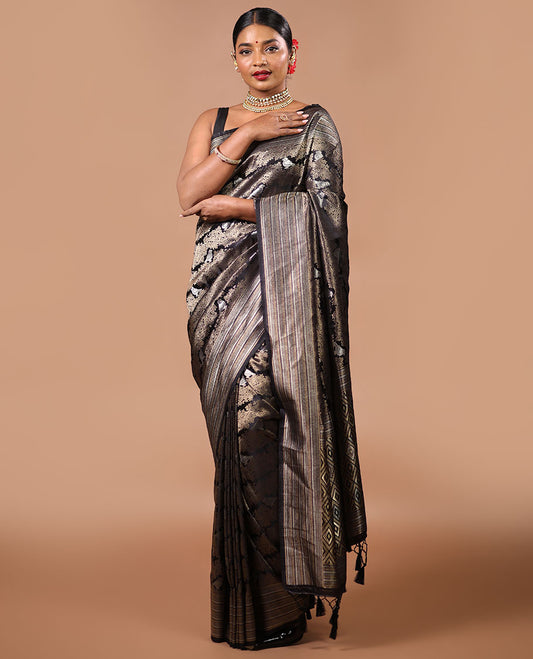 Black floral design softy saree with self intricate zari design border & argyle design pallu