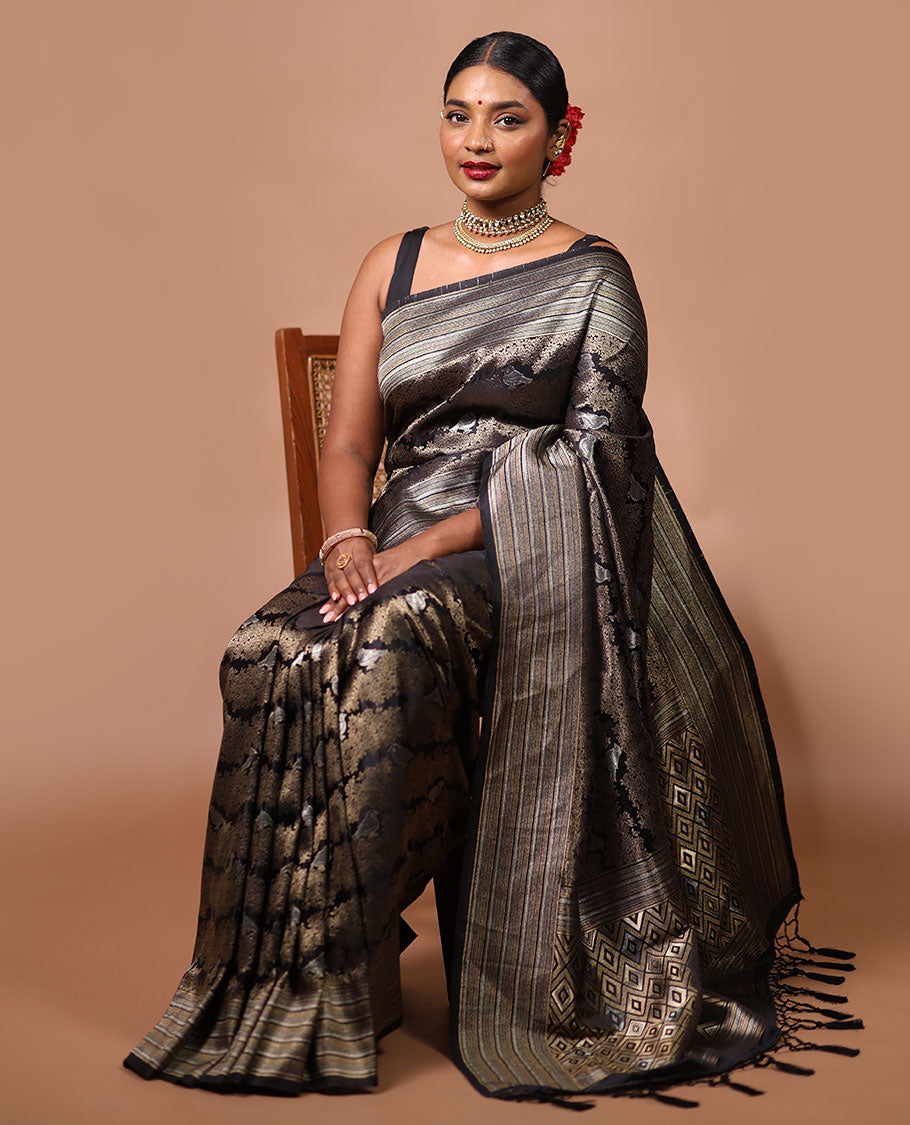 Black floral design softy saree with self intricate zari design border & argyle design pallu