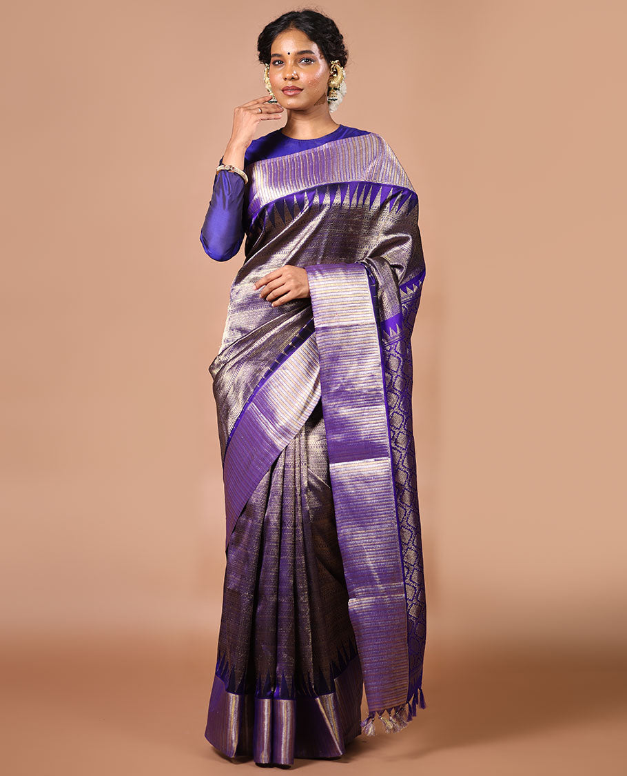 Purple jacquard venkatagiri silk saree with self temple, striped border & jaal design pallu