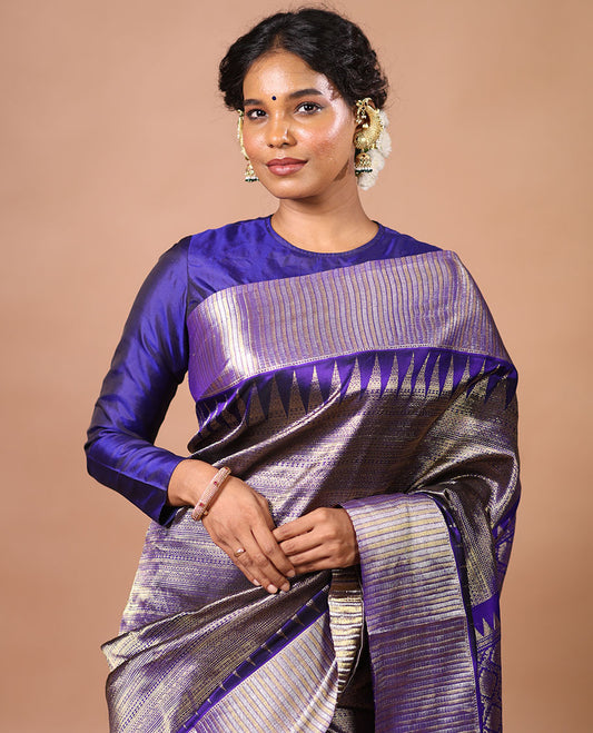 Purple jacquard venkatagiri silk saree with self temple, striped border & jaal design pallu
